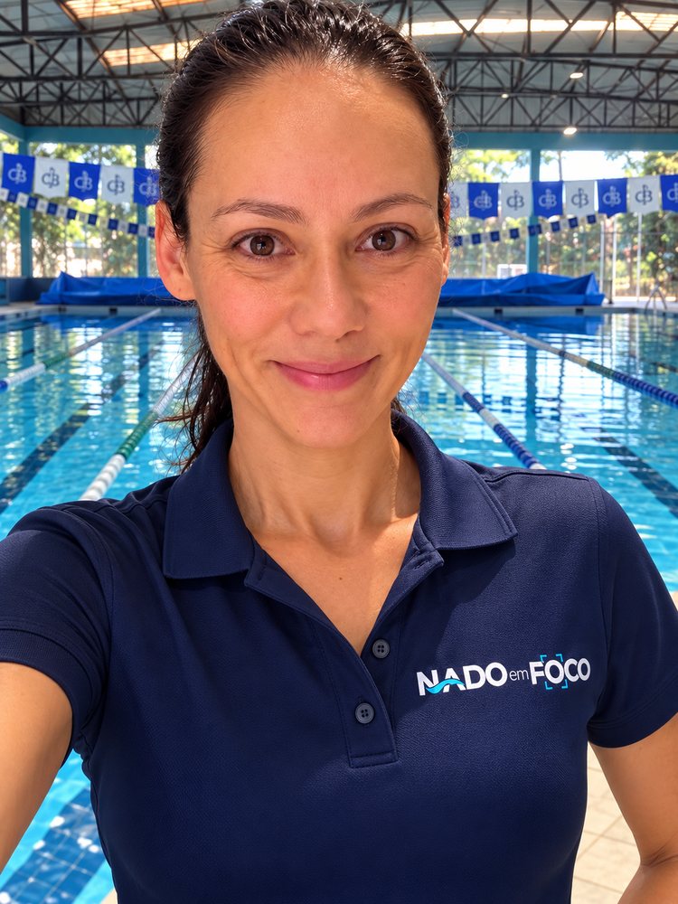 Thais Celoto na borda da piscina, de camisa polo do Nado em Foco